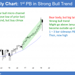 Emini monthly chart has 1st pullback in 15 bar bull micro channel